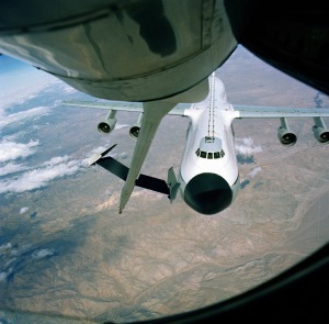 A Lockheed C-5A moves into pre-contact behind a NKC-135A that has been fitted with the Advanced Aerial Refueling Boom designed for the KC-10. Click photo to enlarge.